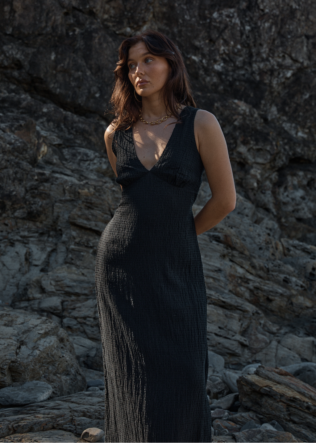 Focus - Seersucker Maxi Dress Black / M Focus - Seersucker Maxi Dress Black / M