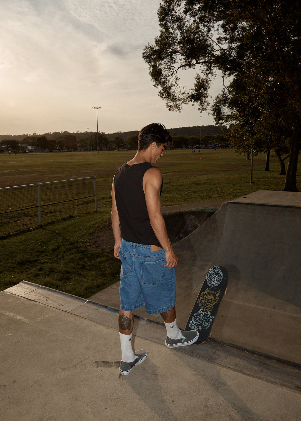 AFENDS Mens Lil C - Denim Baggy Short 22" - Worn Blue
