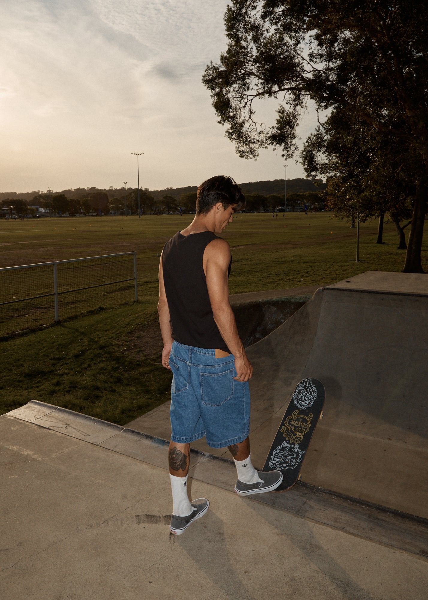 AFENDS Mens Lil C - Denim Baggy Short 22" - Worn Blue