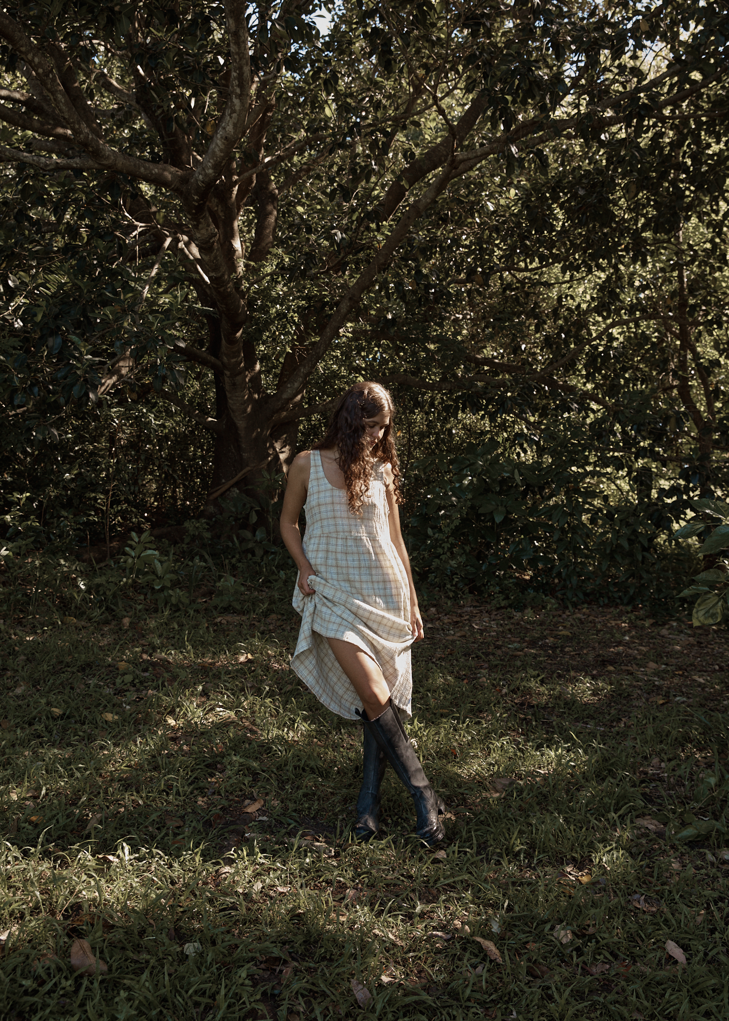 AFENDS Womens Position - Seersucker Midi Dress - Tan Check