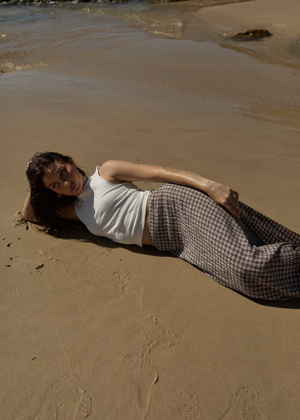 AFENDS Womens Base - Seersucker Maxi Skirt - Coffee Check