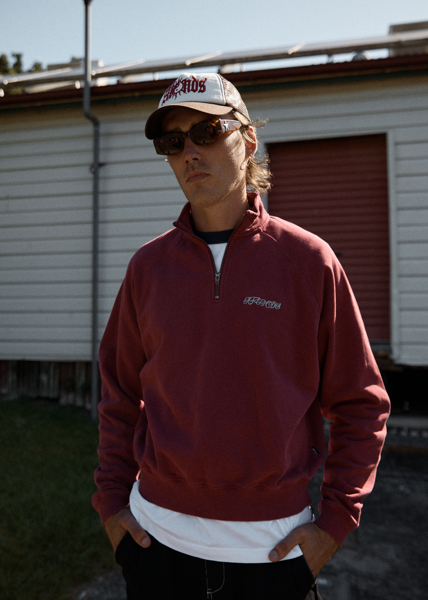 AFENDS Mens Quartz Zip - Raglan Quarter Zip Crew - Washed Burgundy