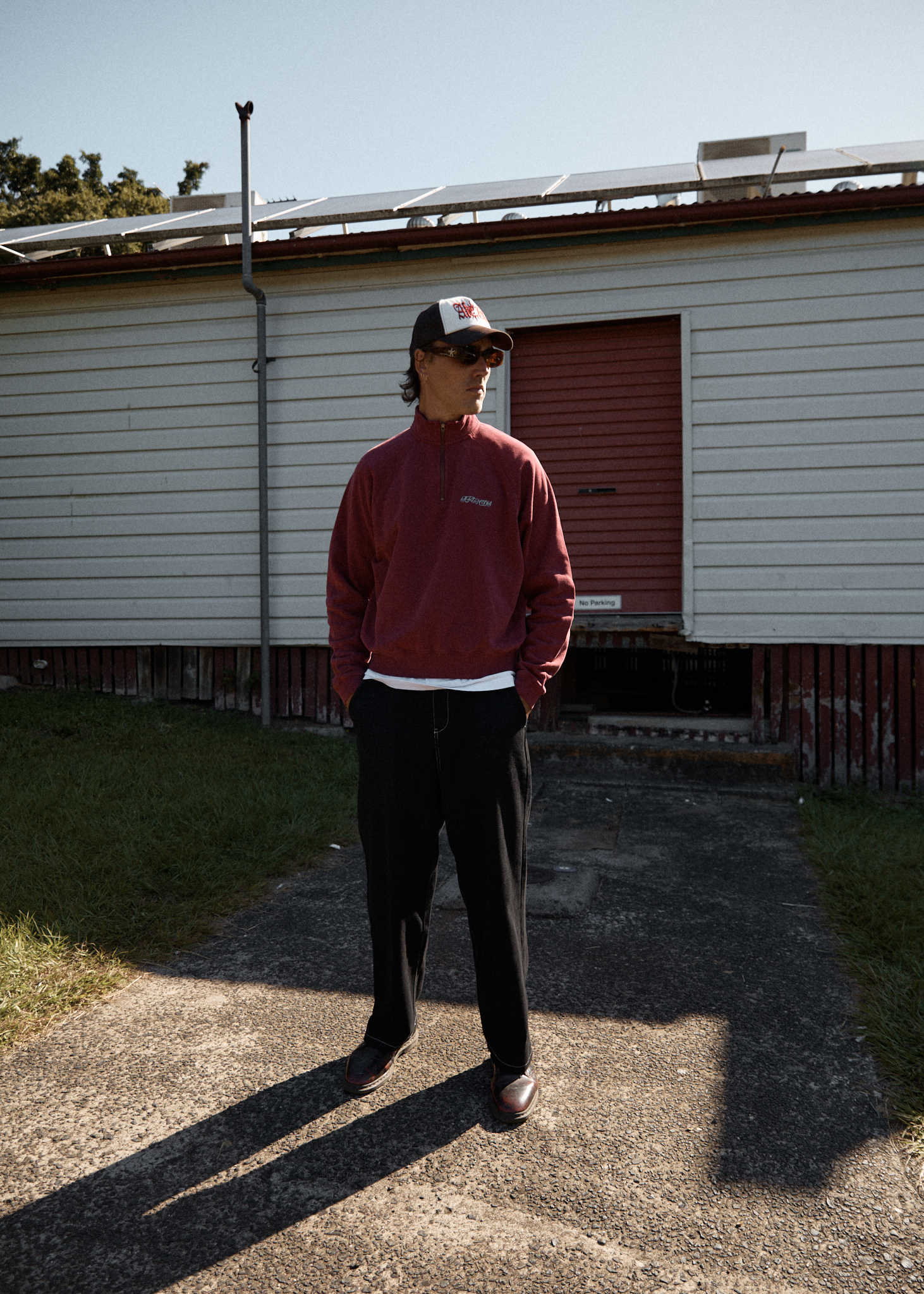 AFENDS Mens Quartz Zip - Raglan Quarter Zip Crew - Washed Burgundy