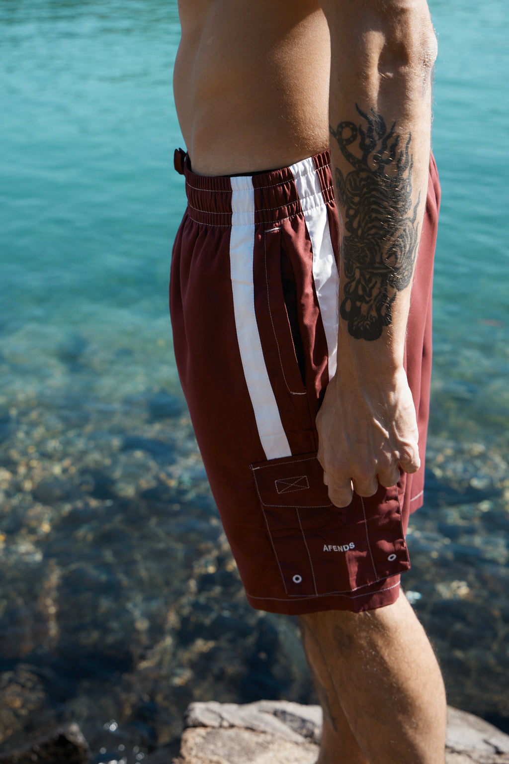 AFENDS Mens House Related - Cargo Swim Short 20" - Burgundy