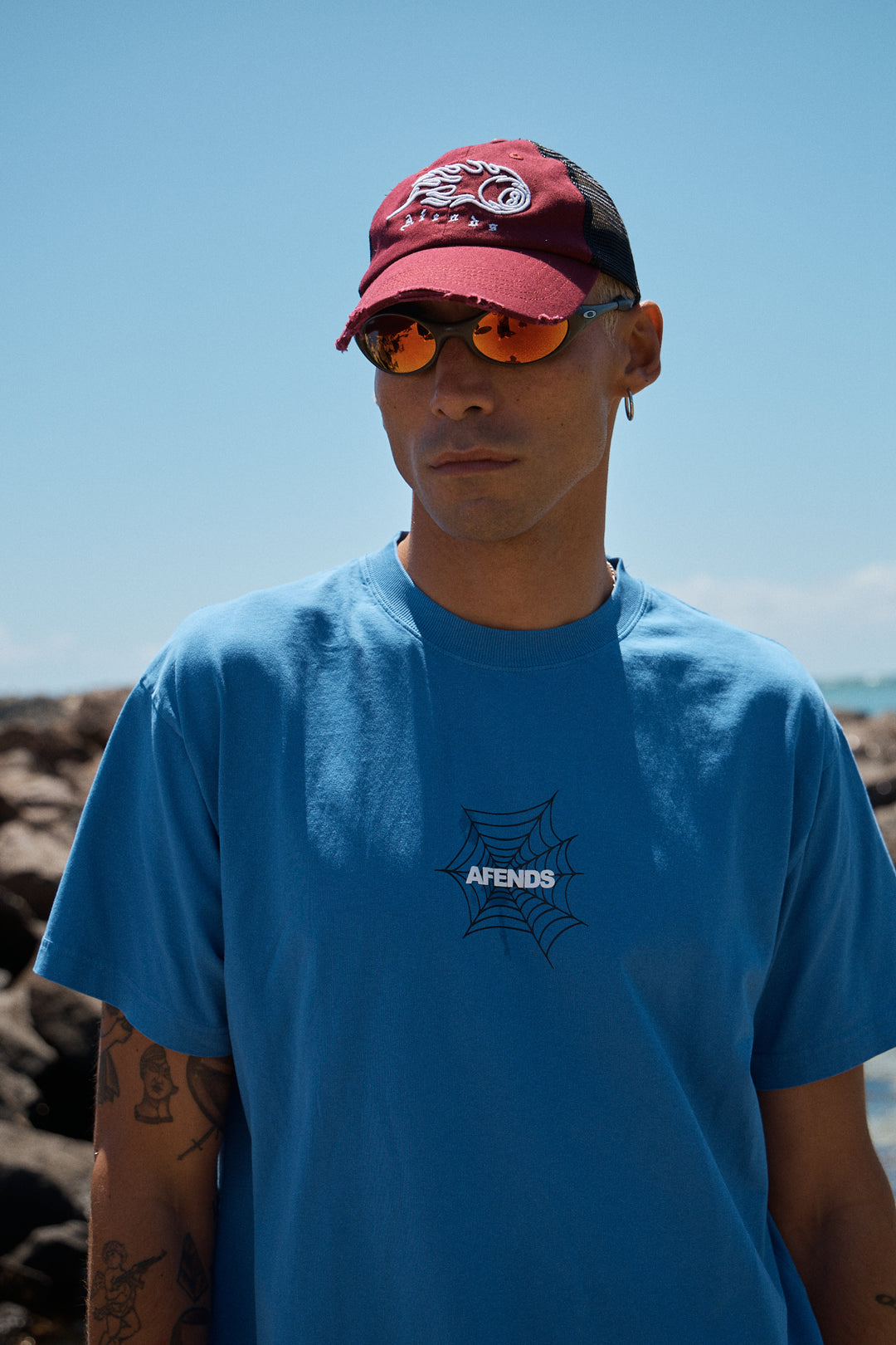 AFENDS Mens Webhead - Boxy Tee - Washed Marina