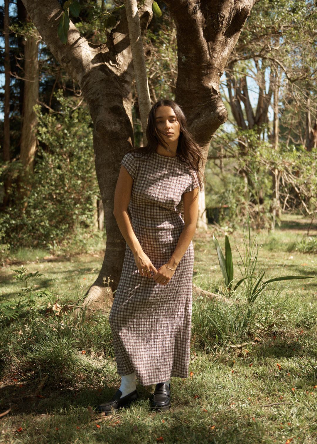 AFENDS Womens Base Elodie - Seersucker Midi Dress - Coffee Check