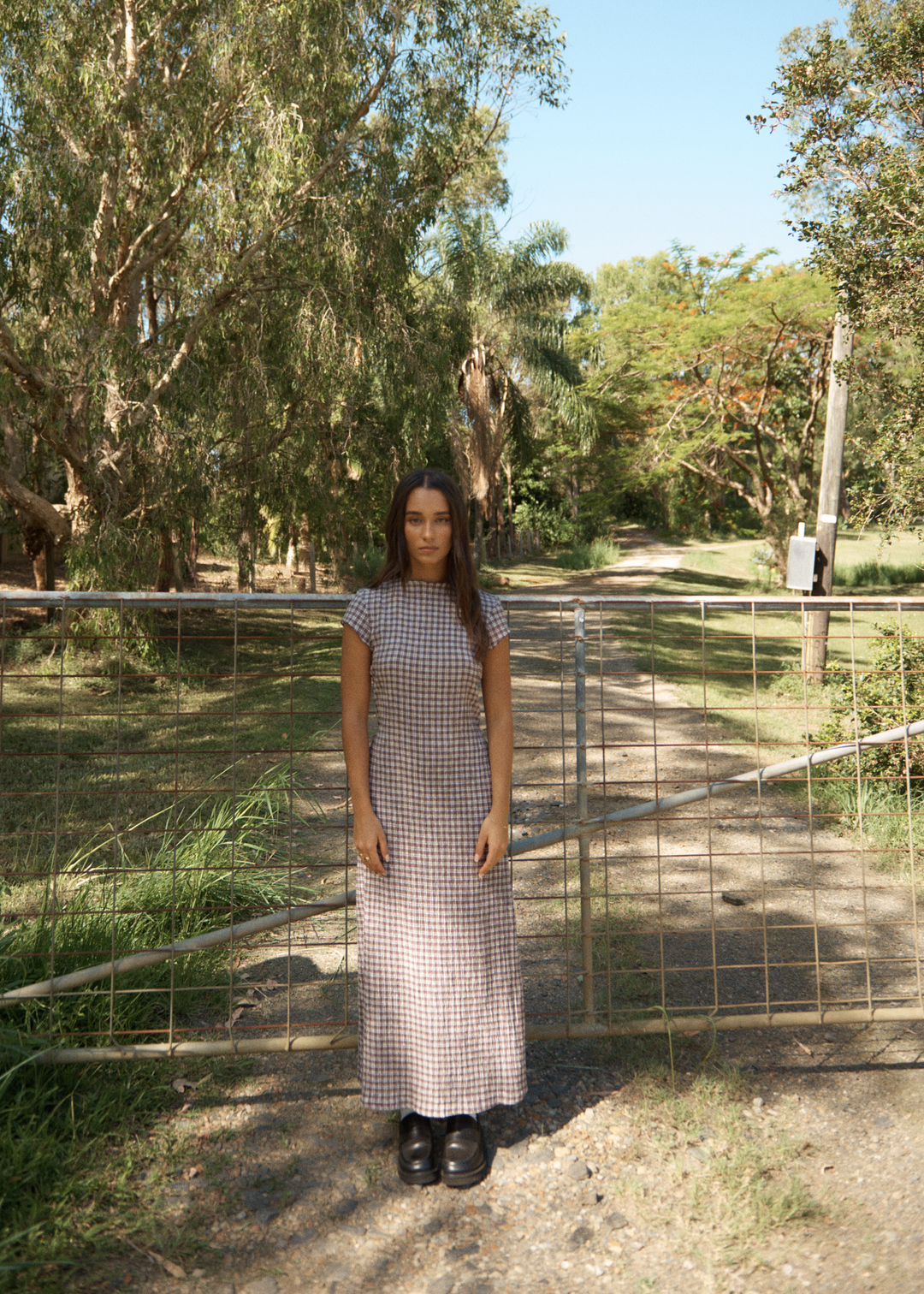 AFENDS Womens Base Elodie - Seersucker Midi Dress - Coffee Check