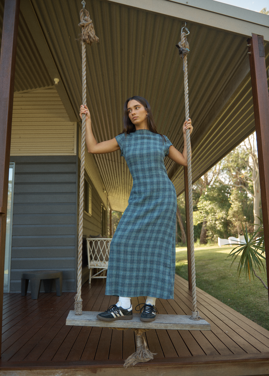 AFENDS Womens Position Elodie - Seersucker Midi Dress - Navy Check