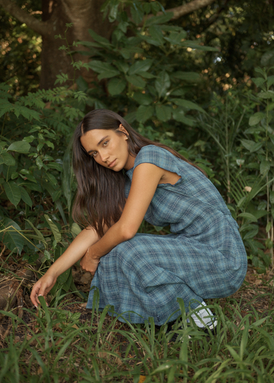 AFENDS Womens Position Elodie - Seersucker Midi Dress - Navy Check