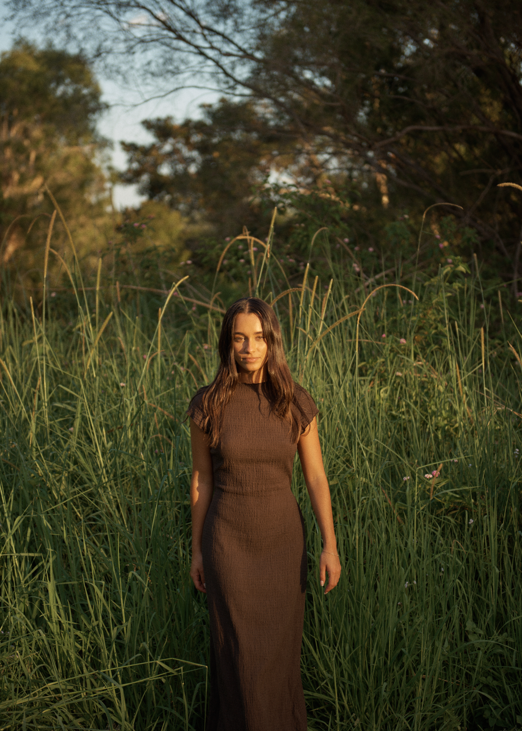 AFENDS Womens Focus Elodie - Seersucker Midi Dress - Coffee