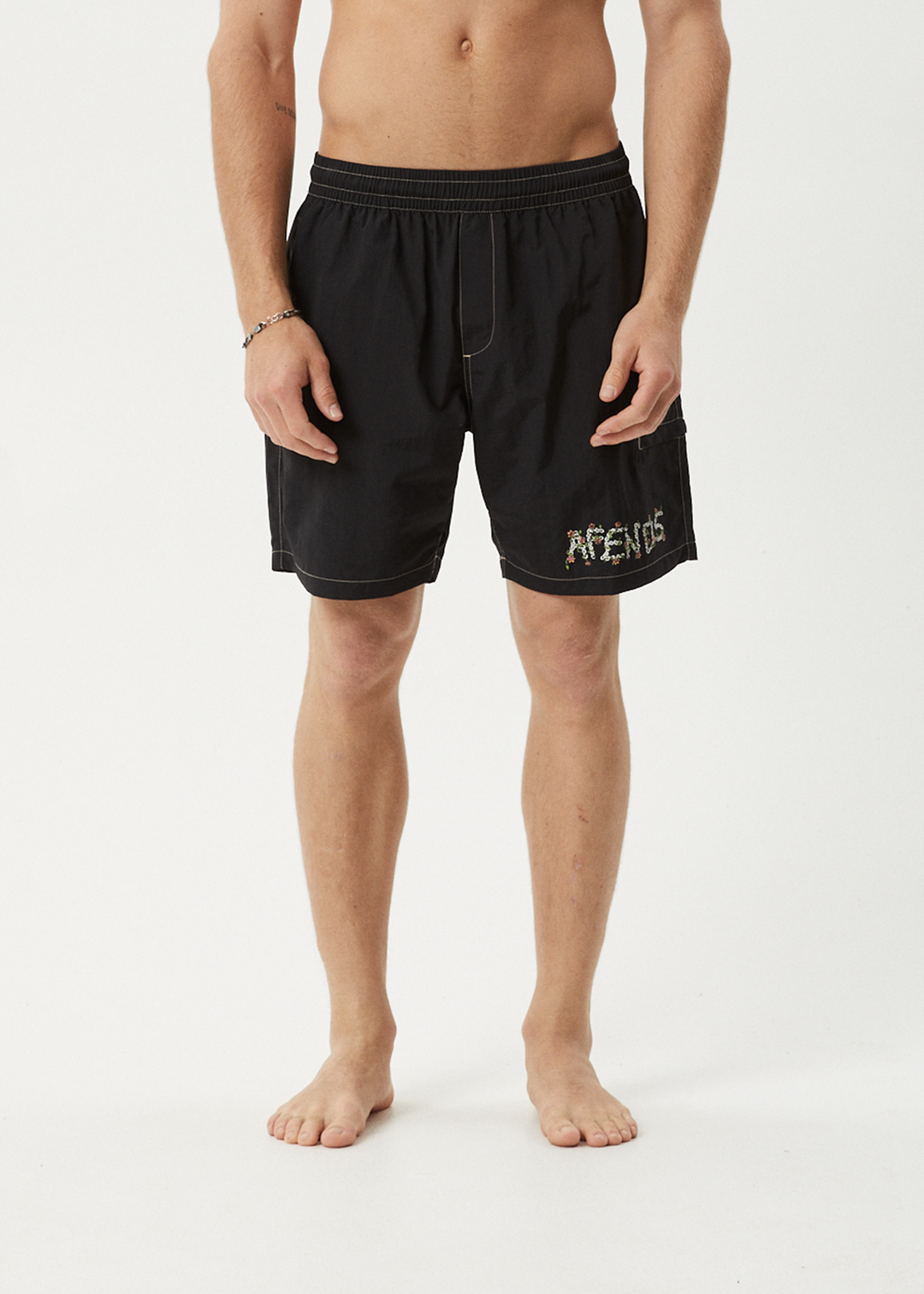 AFENDS Mens Daisy Chain - Baywatch Swim Short 18" - Black 