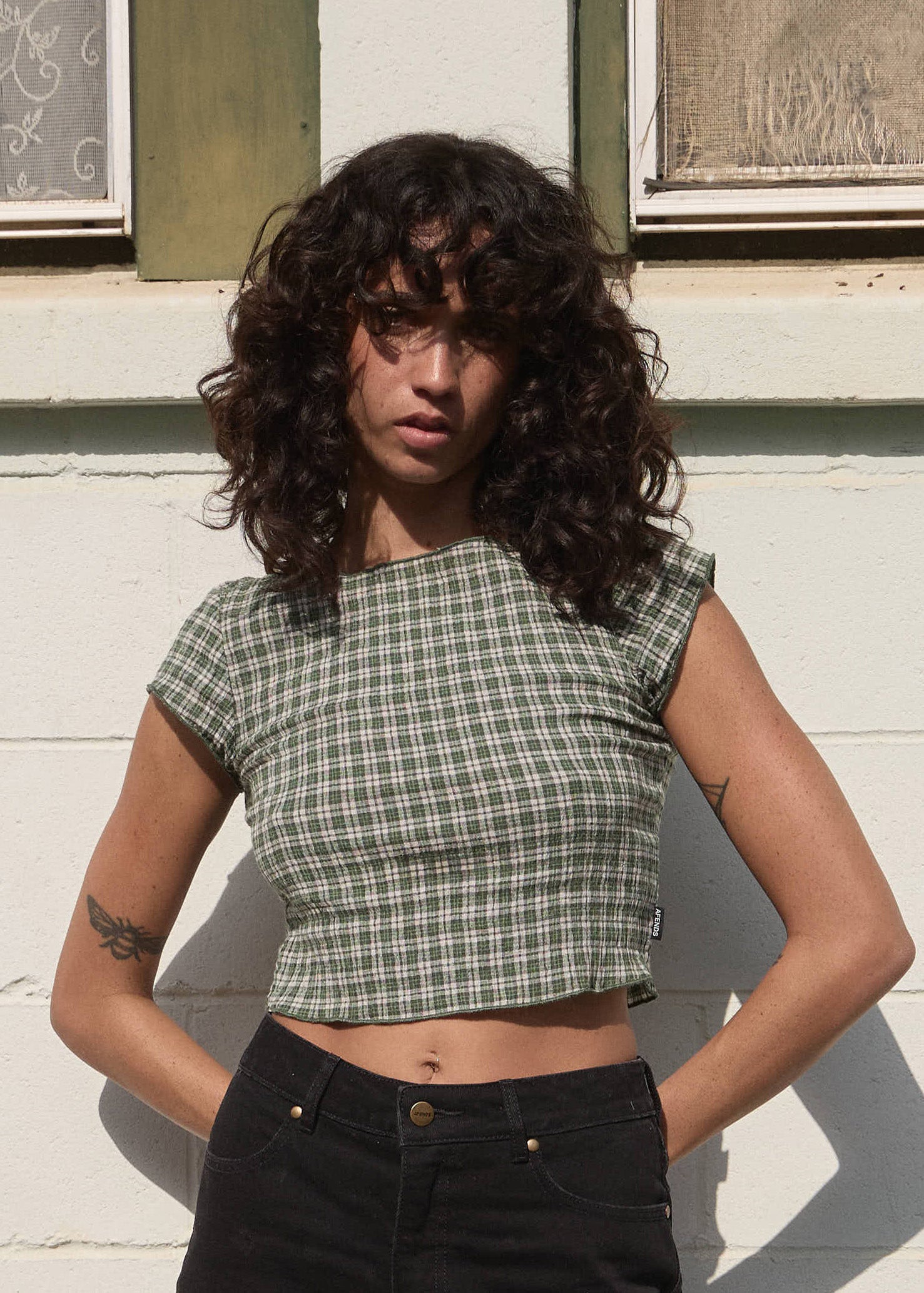 AFENDS Womens Darcy - Seersucker Top - Deep Green Check