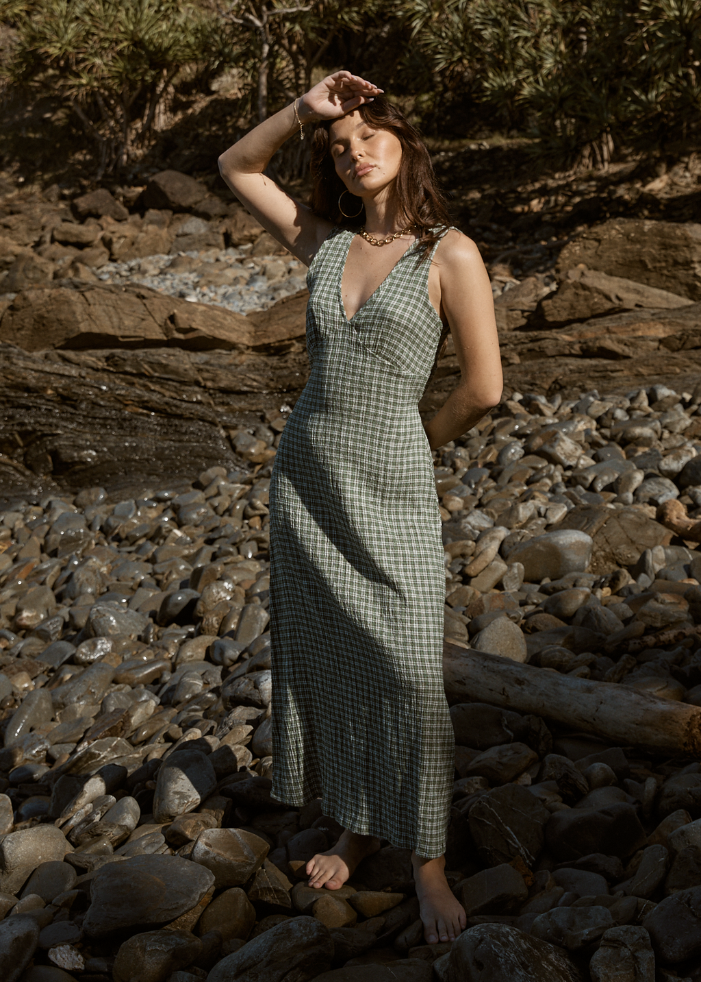 AFENDS Womens Tully - Seersucker Maxi Dress - Base Deep Green Check AFENDS Womens Tully - Seersucker Maxi Dress - Base Deep Green Check
