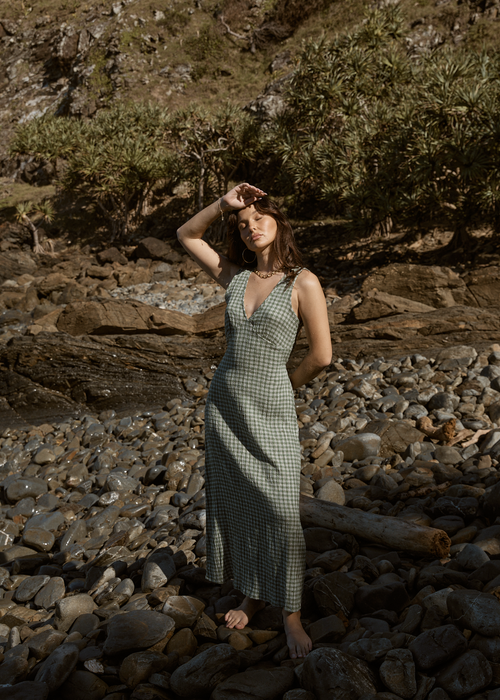 AFENDS Womens Base - Seersucker Maxi Dress - Deep Green Check