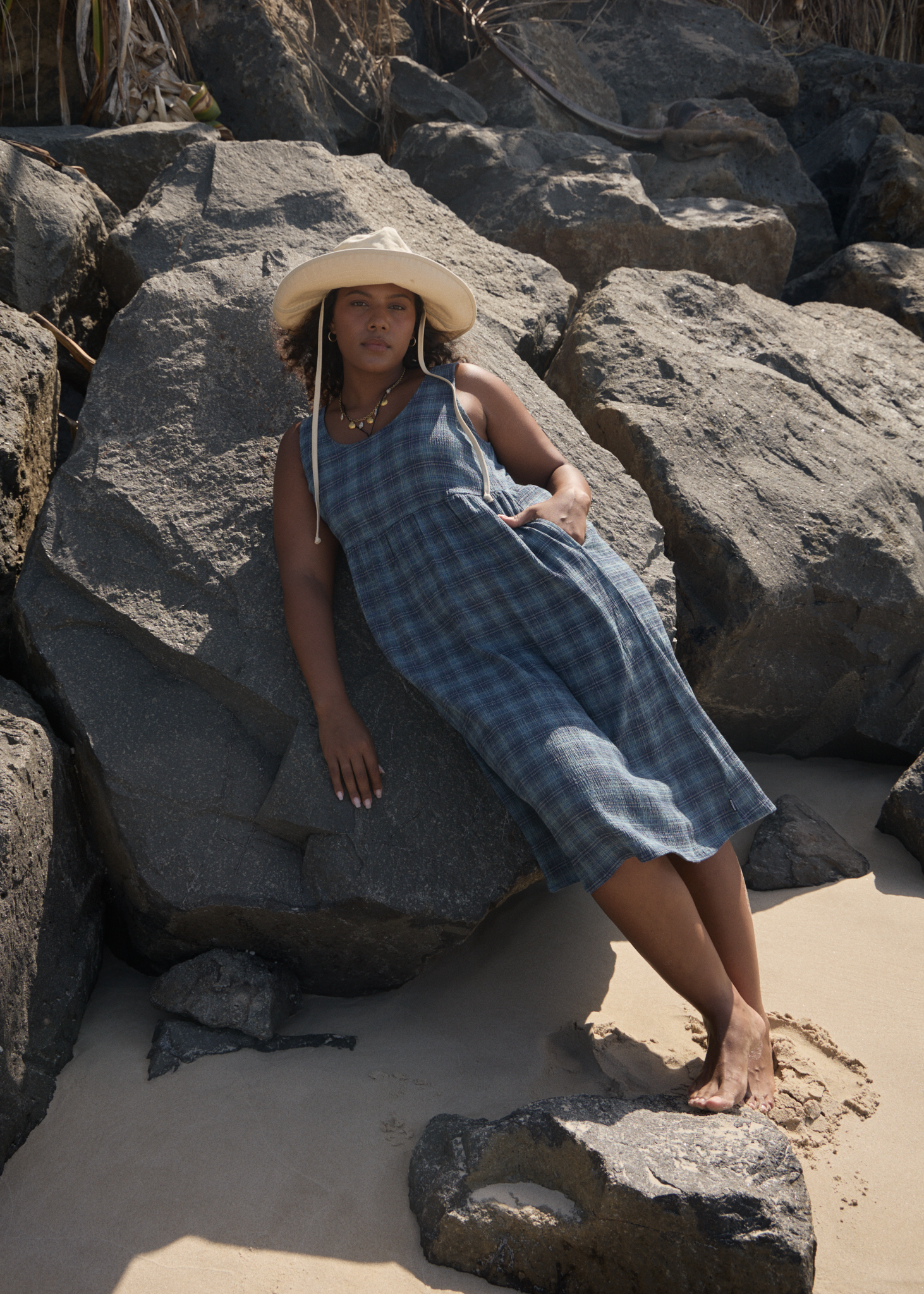 AFENDS Womens Position - Seersucker Midi Dress - Navy Check