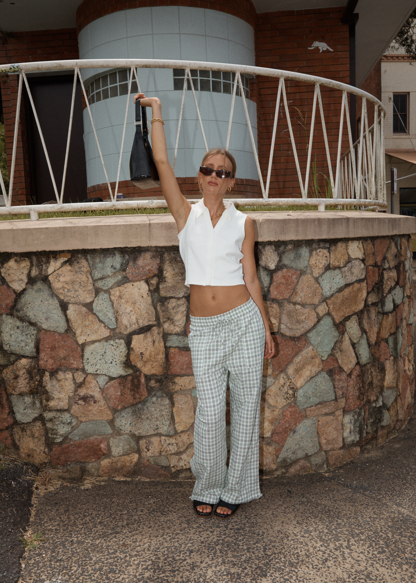 AFENDS Womens Leo - Seersucker Wide Leg Pant - Green / White