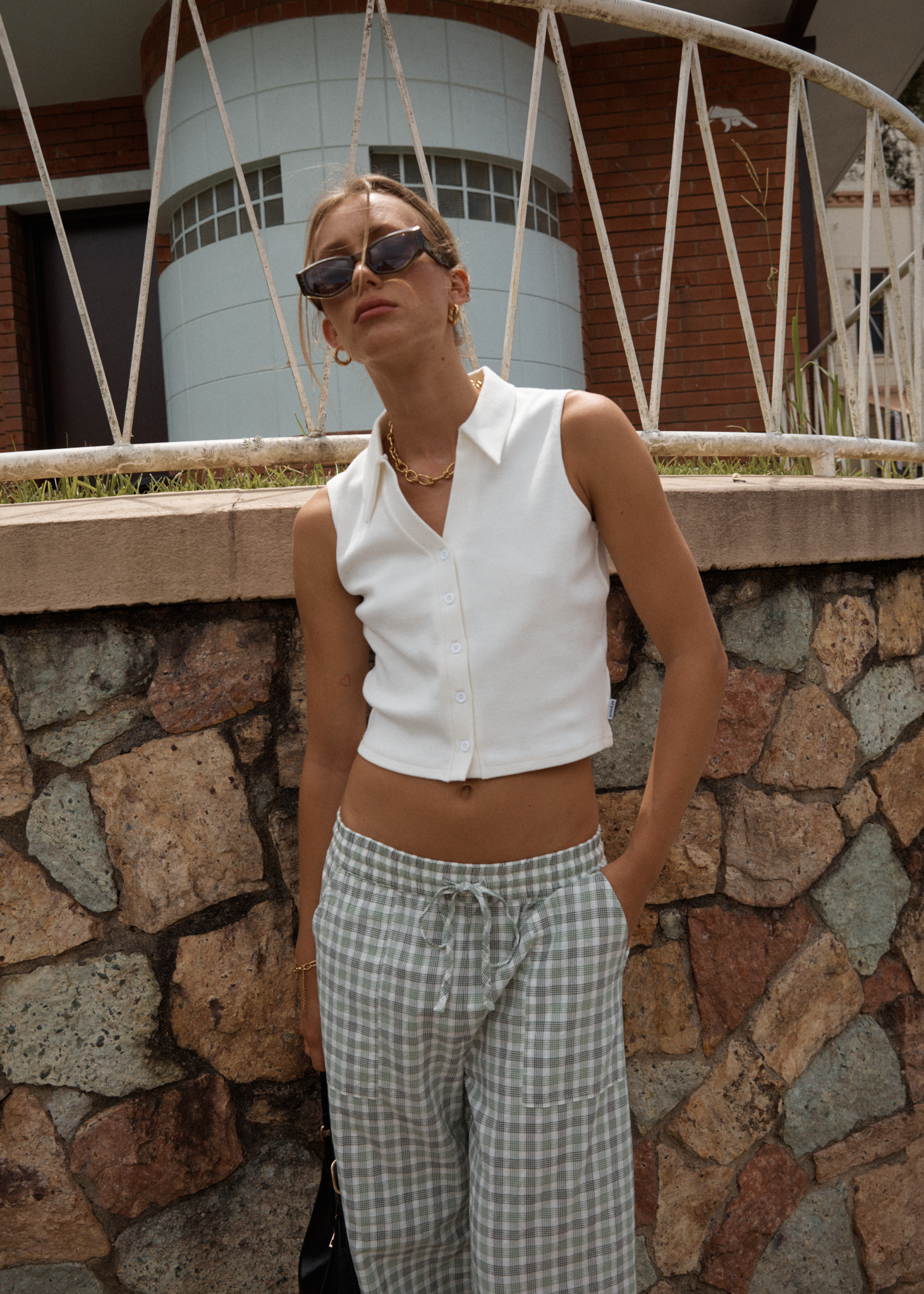 AFENDS Womens Leo - Seersucker Wide Leg Pant - Green / White