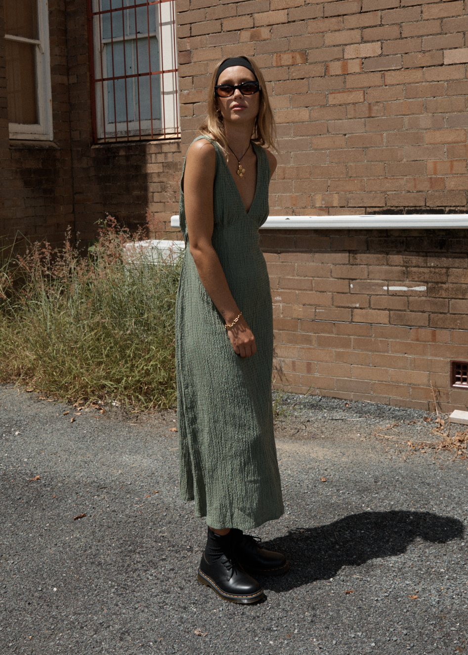 AFENDS Womens Focus - Seersucker Maxi Dress - Oil Green