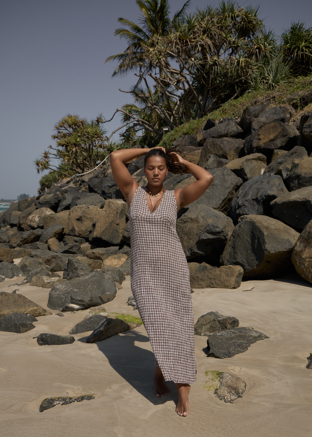 AFENDS Womens Base - Seersucker Maxi Dress - Coffee Check