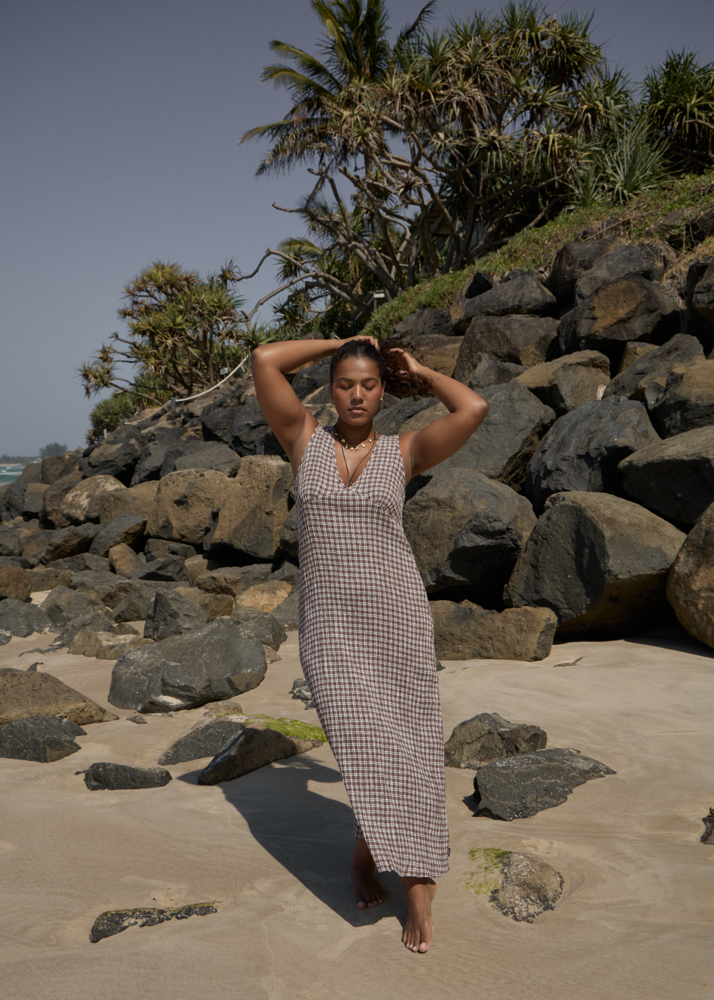 AFENDS Womens Base - Seersucker Maxi Dress - Coffee Check