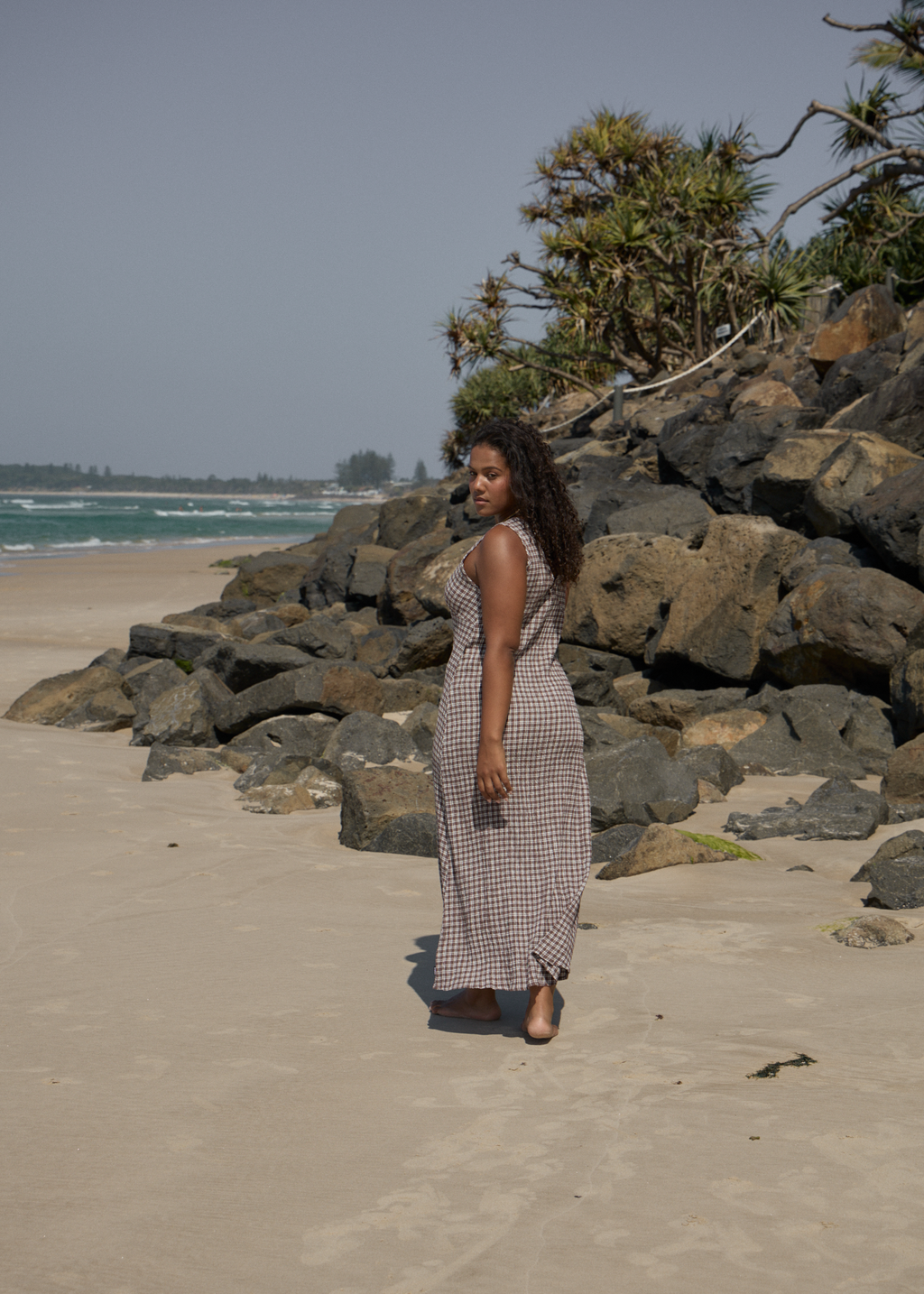 AFENDS Womens Base - Seersucker Maxi Dress - Coffee Check