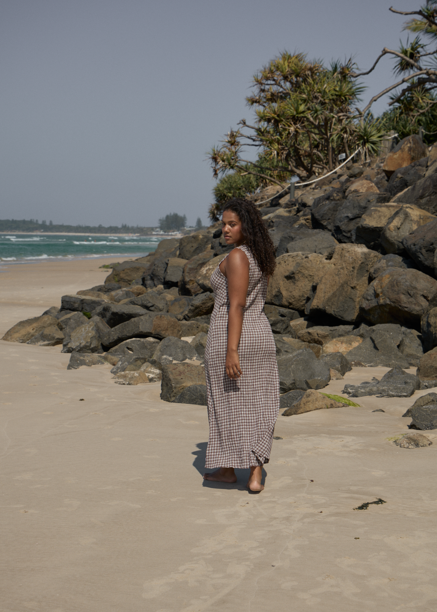 AFENDS Womens Base - Seersucker Maxi Dress - Coffee Check