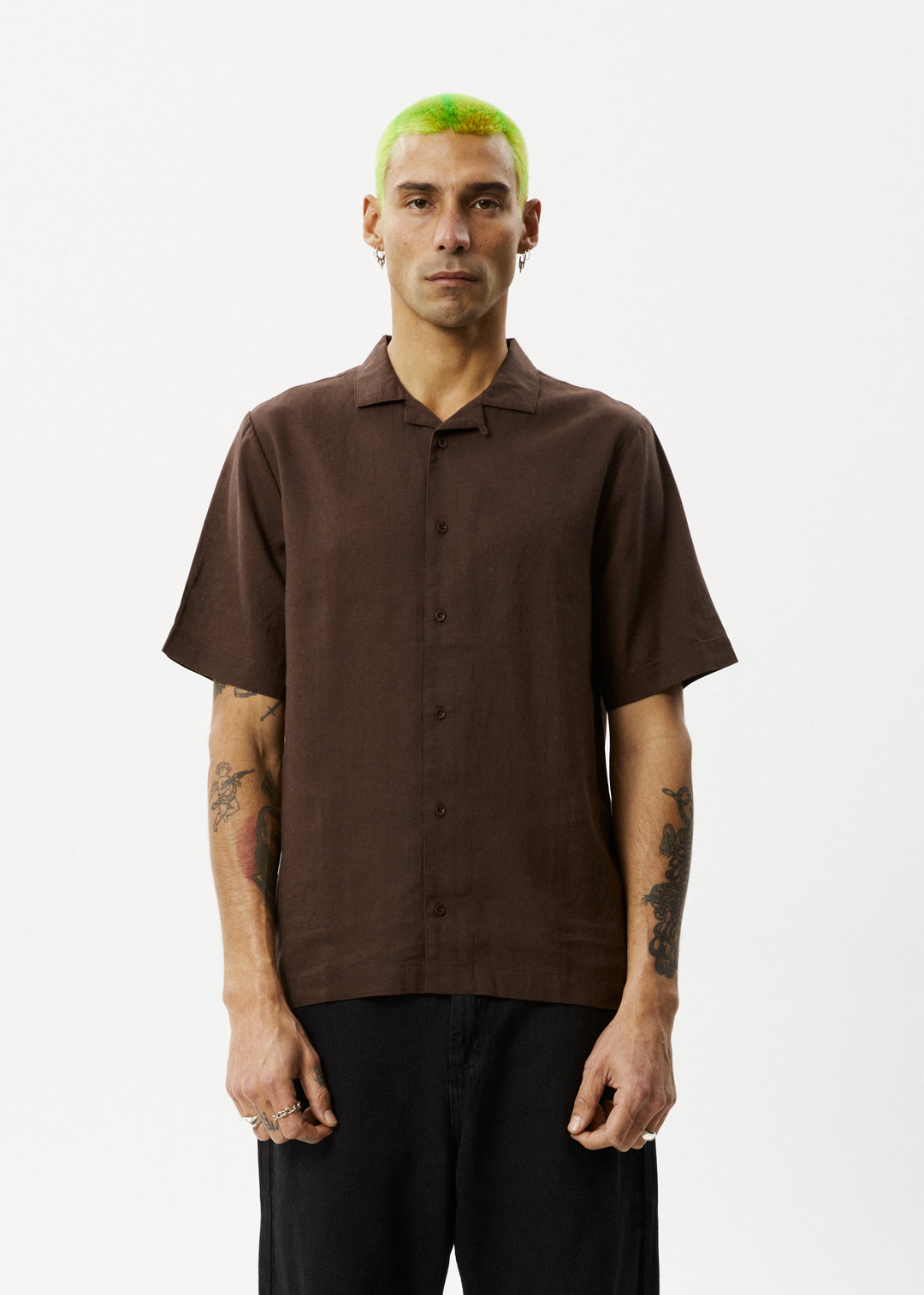 AFENDS Mens Daily - Cuban Shorts Sleeve Shirt - Coffee 