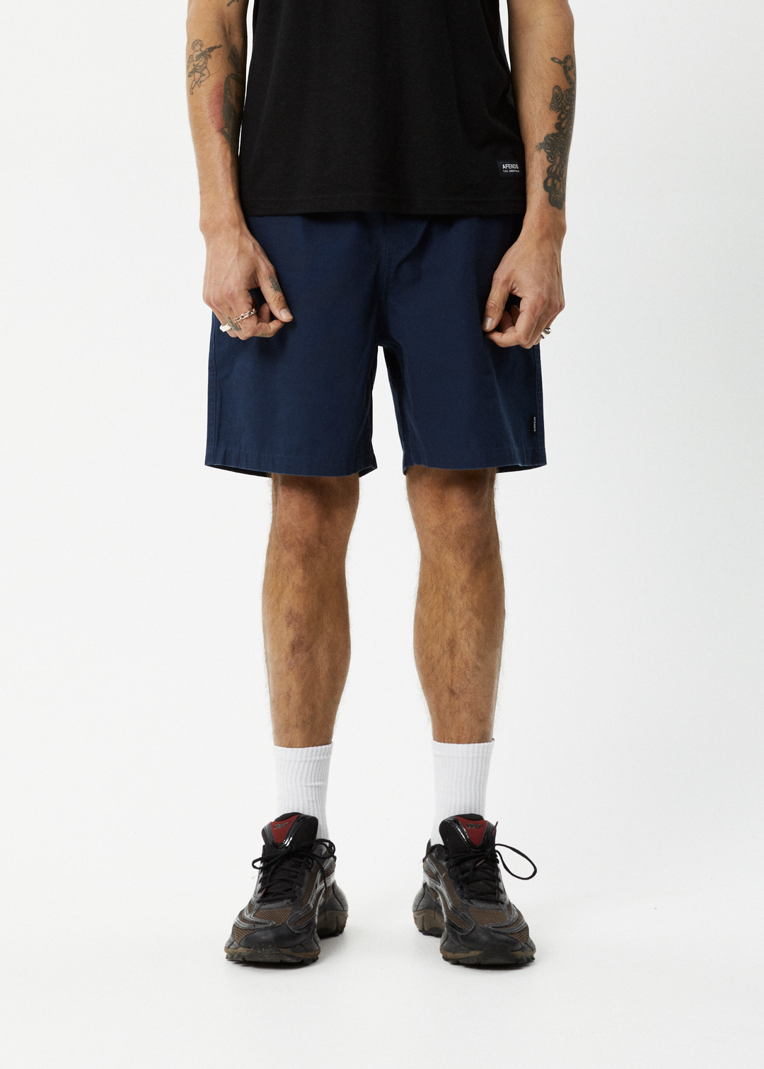 AFENDS Mens Ninety Eights - Baggy Elastic Waist Shorts - Navy 