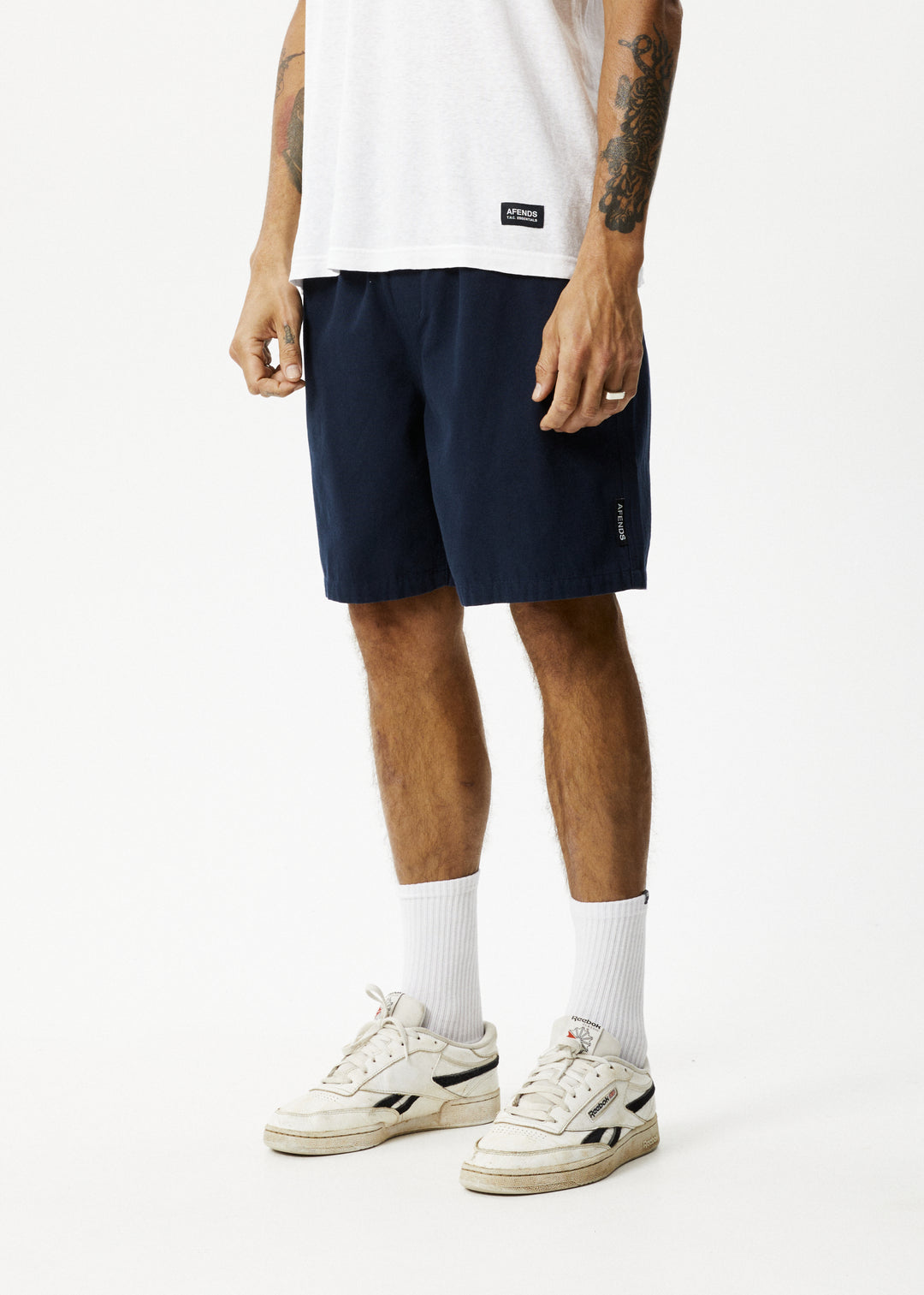 AFENDS Mens Ninety Eights - Baggy Elastic Waist Shorts - Navy 