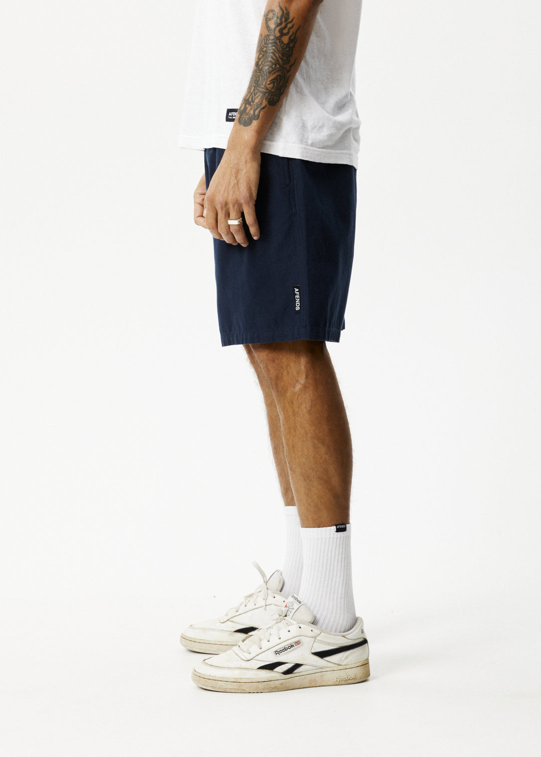 AFENDS Mens Ninety Eights - Baggy Elastic Waist Shorts - Navy 