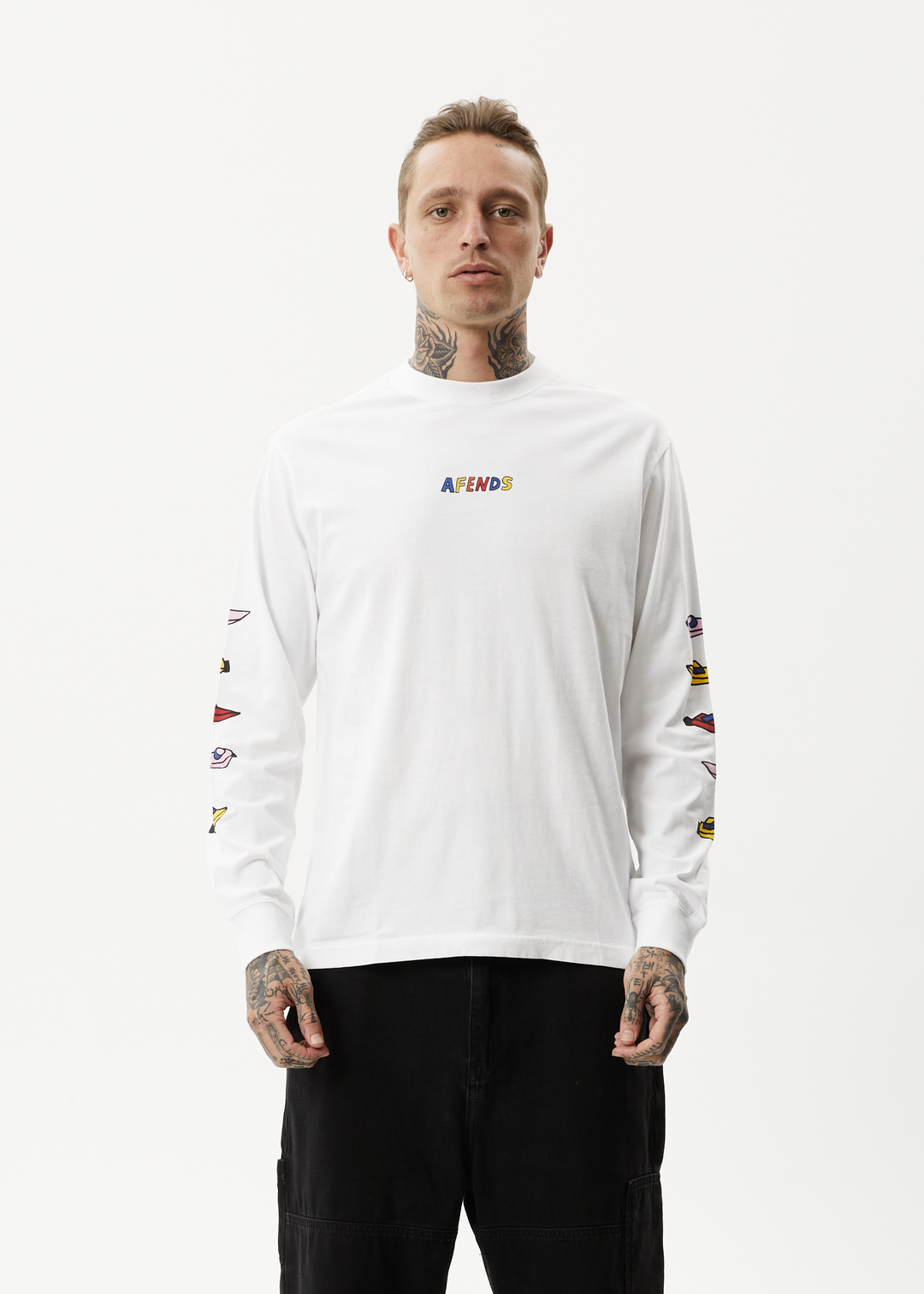 AFENDS Mens Wahzoo - Long Sleeve Graphic T-Shirt - White 