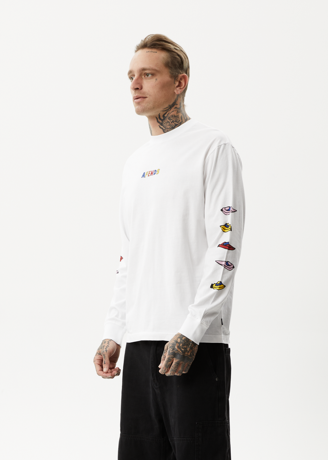 AFENDS Mens Wahzoo - Long Sleeve Graphic T-Shirt - White 