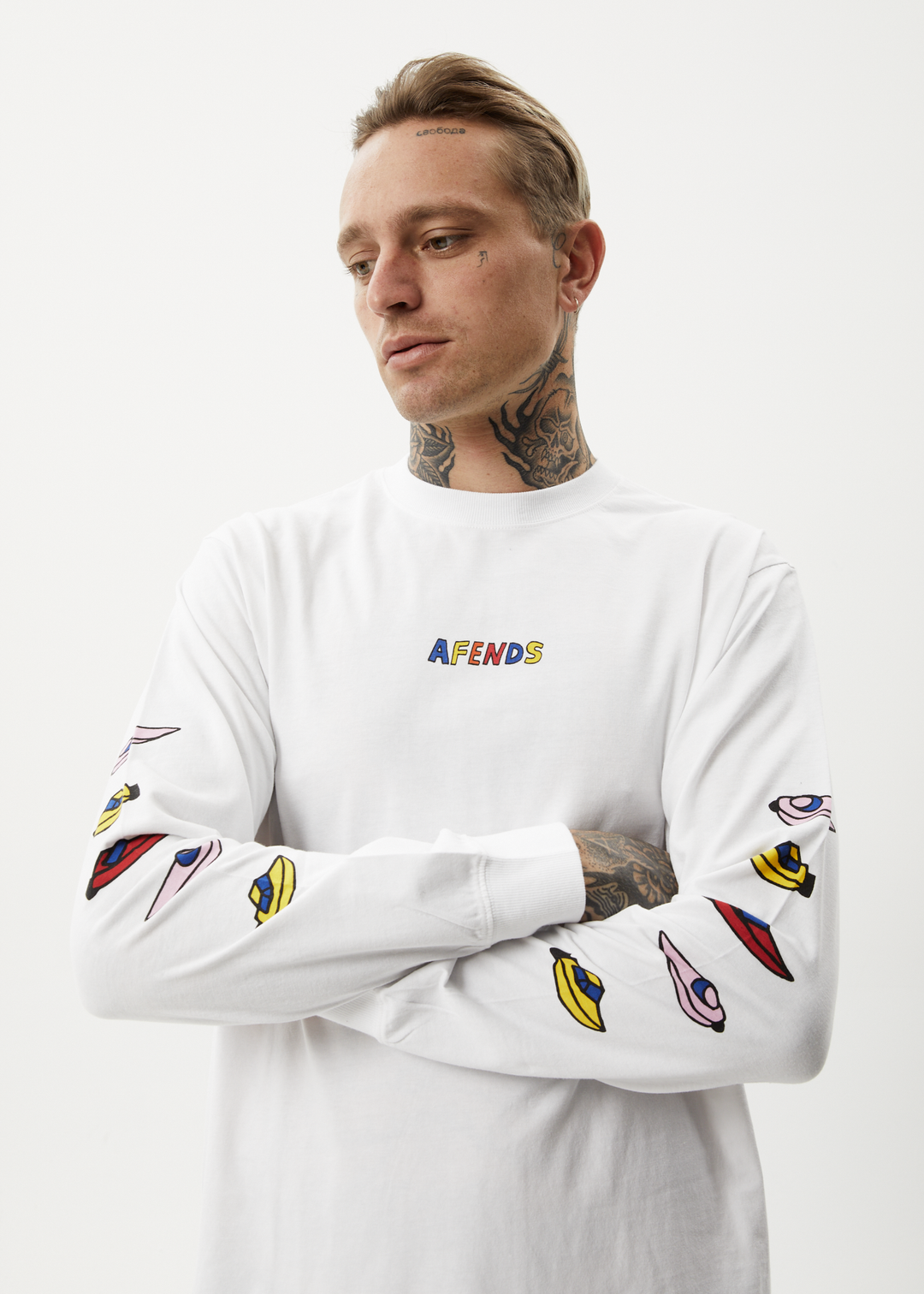 AFENDS Mens Wahzoo - Long Sleeve Graphic T-Shirt - White 