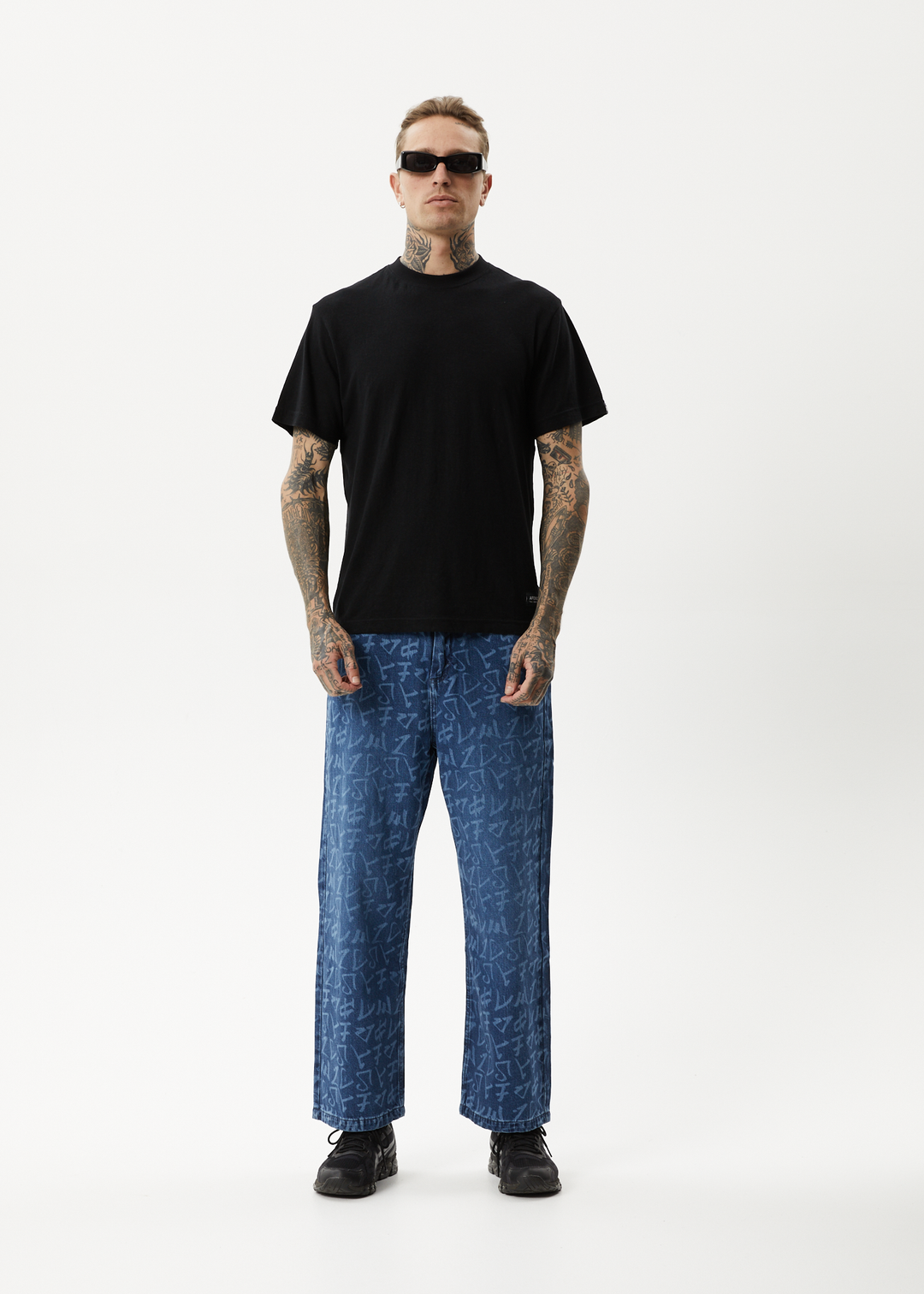 AFENDS Mens Tagged Pablo - Denim Baggy Jeans - Graffiti Blue 