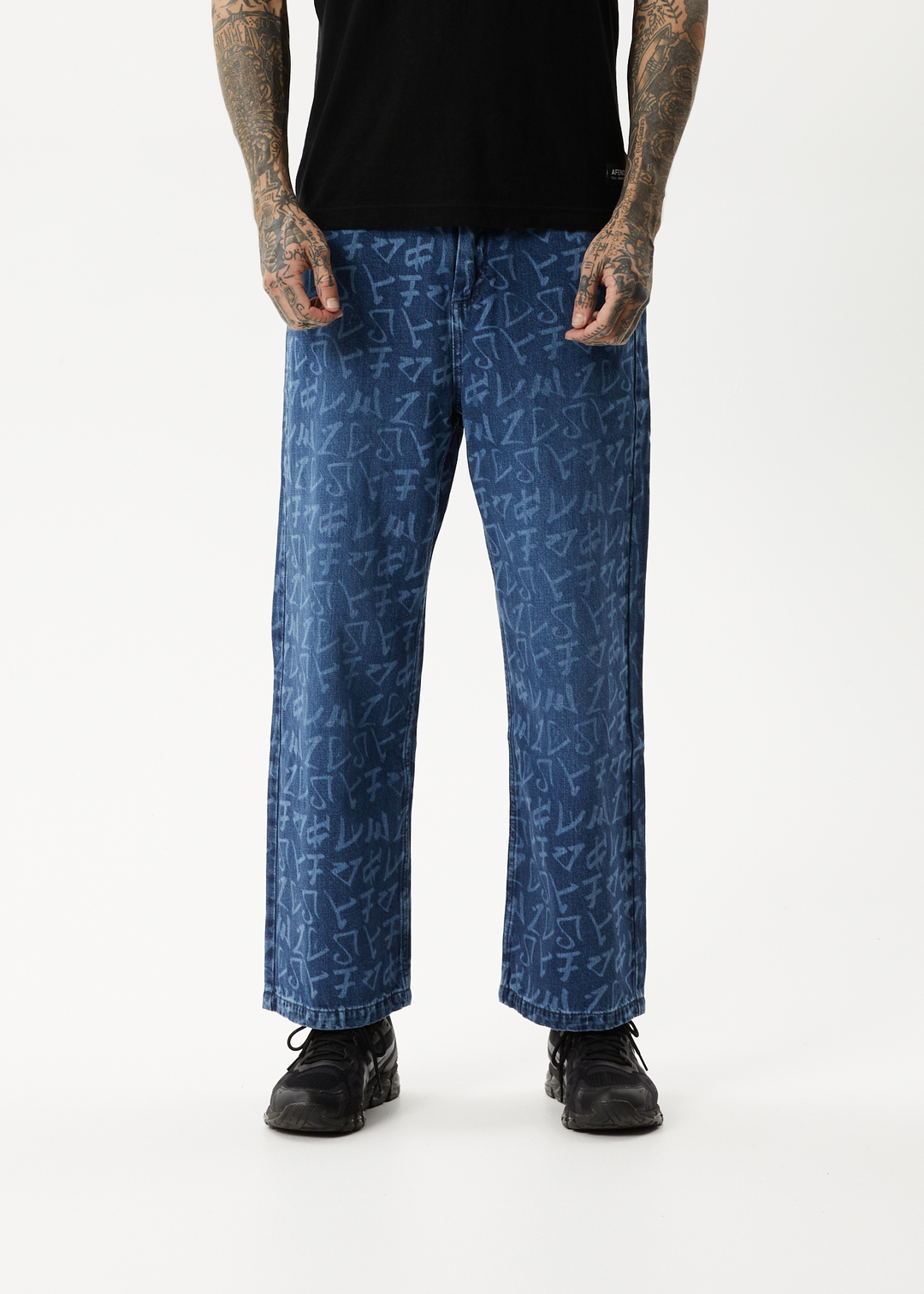 AFENDS Mens Tagged Pablo - Denim Baggy Jeans - Graffiti Blue 