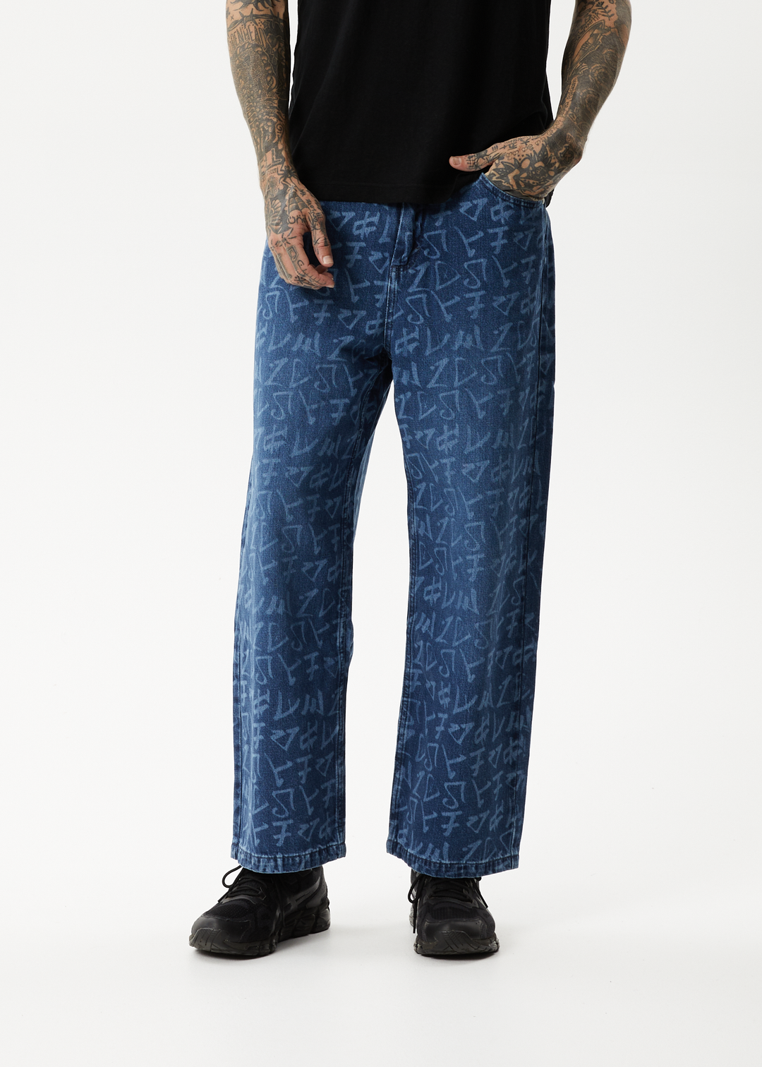 AFENDS Mens Tagged Pablo - Denim Baggy Jeans - Graffiti Blue 