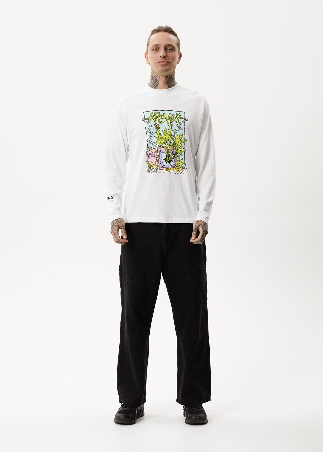 AFENDS Mens Take It Back - Long Sleeve Graphic T-Shirt - White 