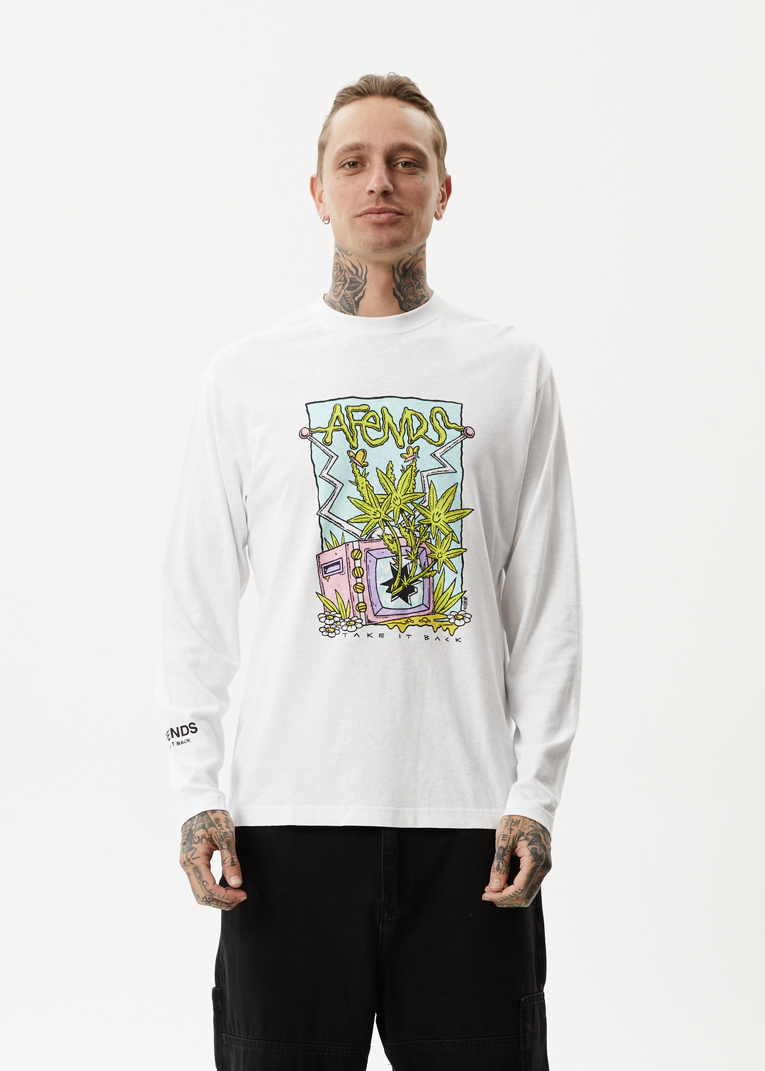 AFENDS Mens Take It Back - Long Sleeve Graphic T-Shirt - White 