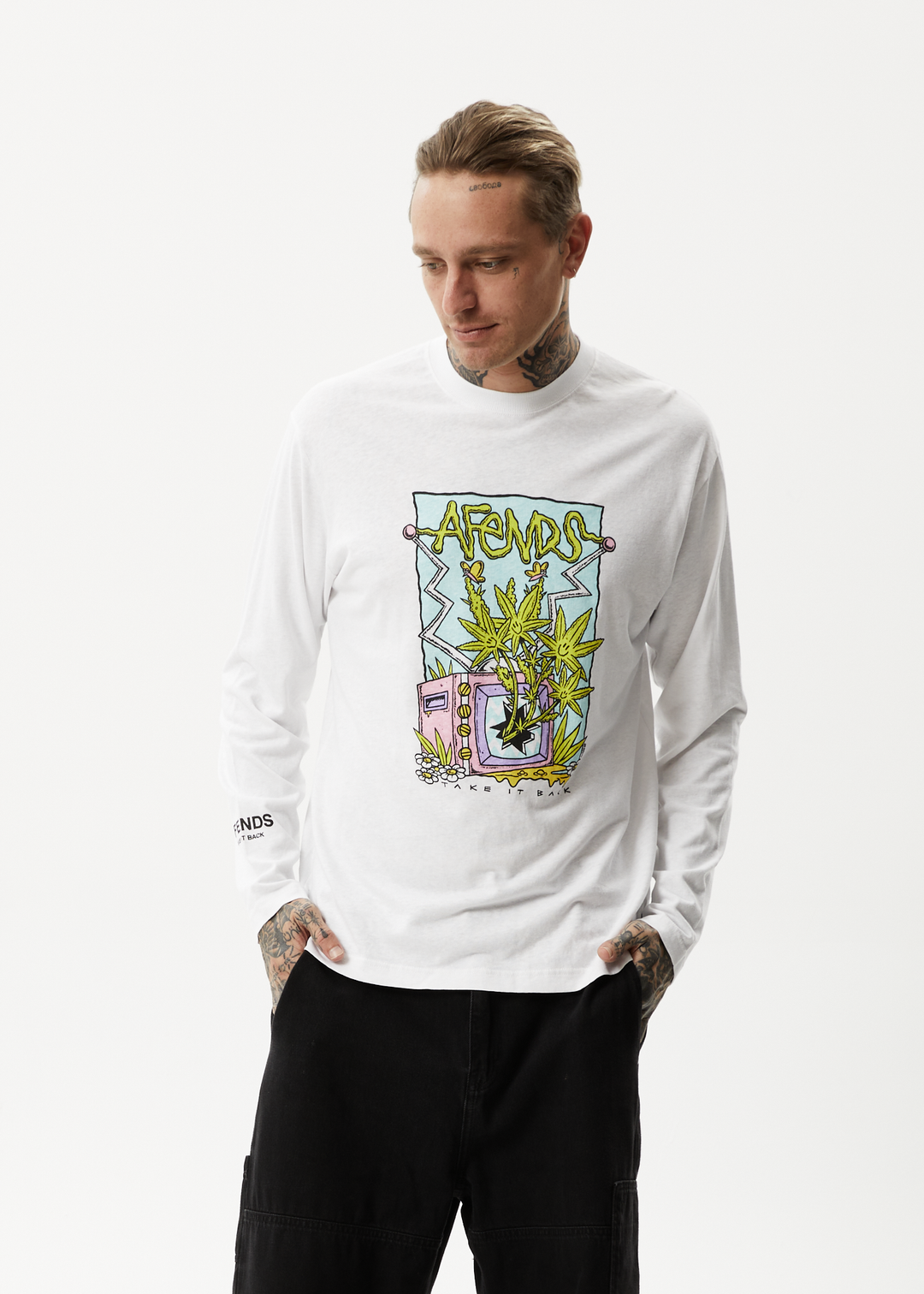 AFENDS Mens Take It Back - Long Sleeve Graphic T-Shirt - White 