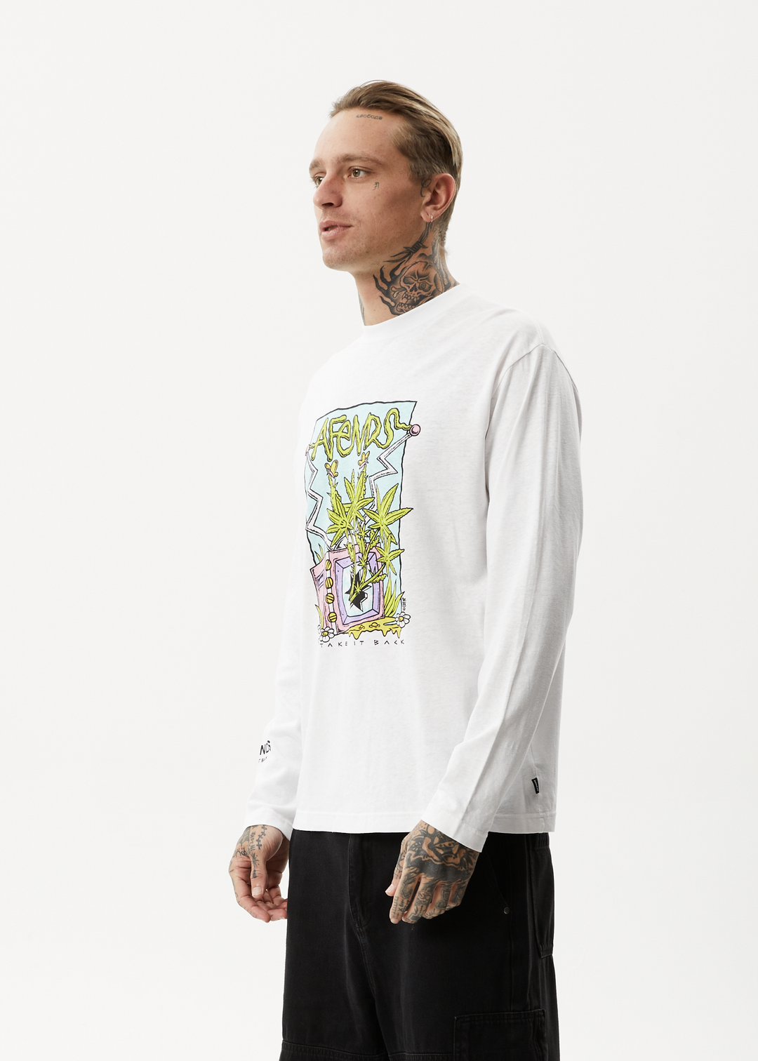 AFENDS Mens Take It Back - Long Sleeve Graphic T-Shirt - White 