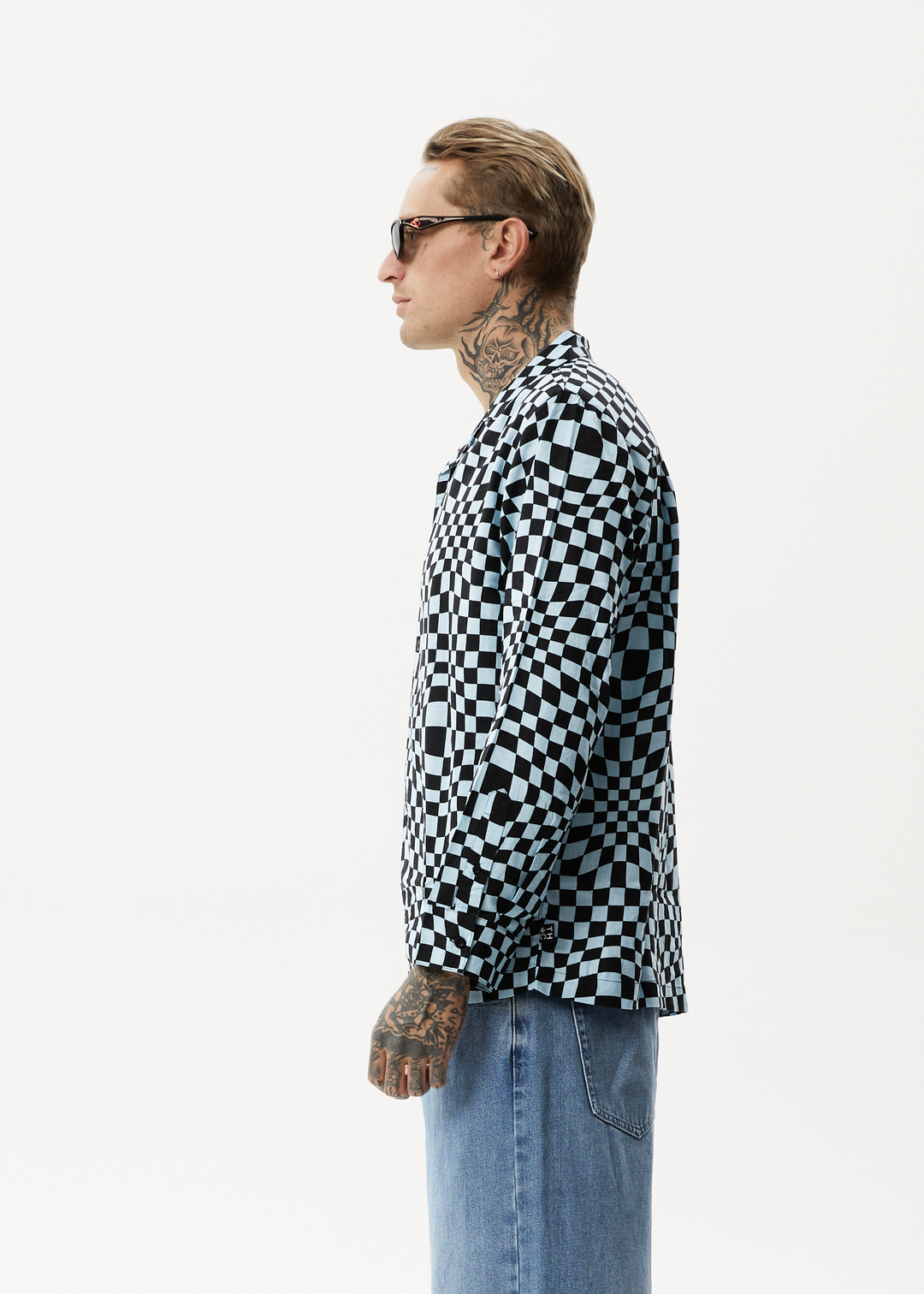 AFENDS Mens Void - Check Long Sleeve Shirt - Sky Blue 