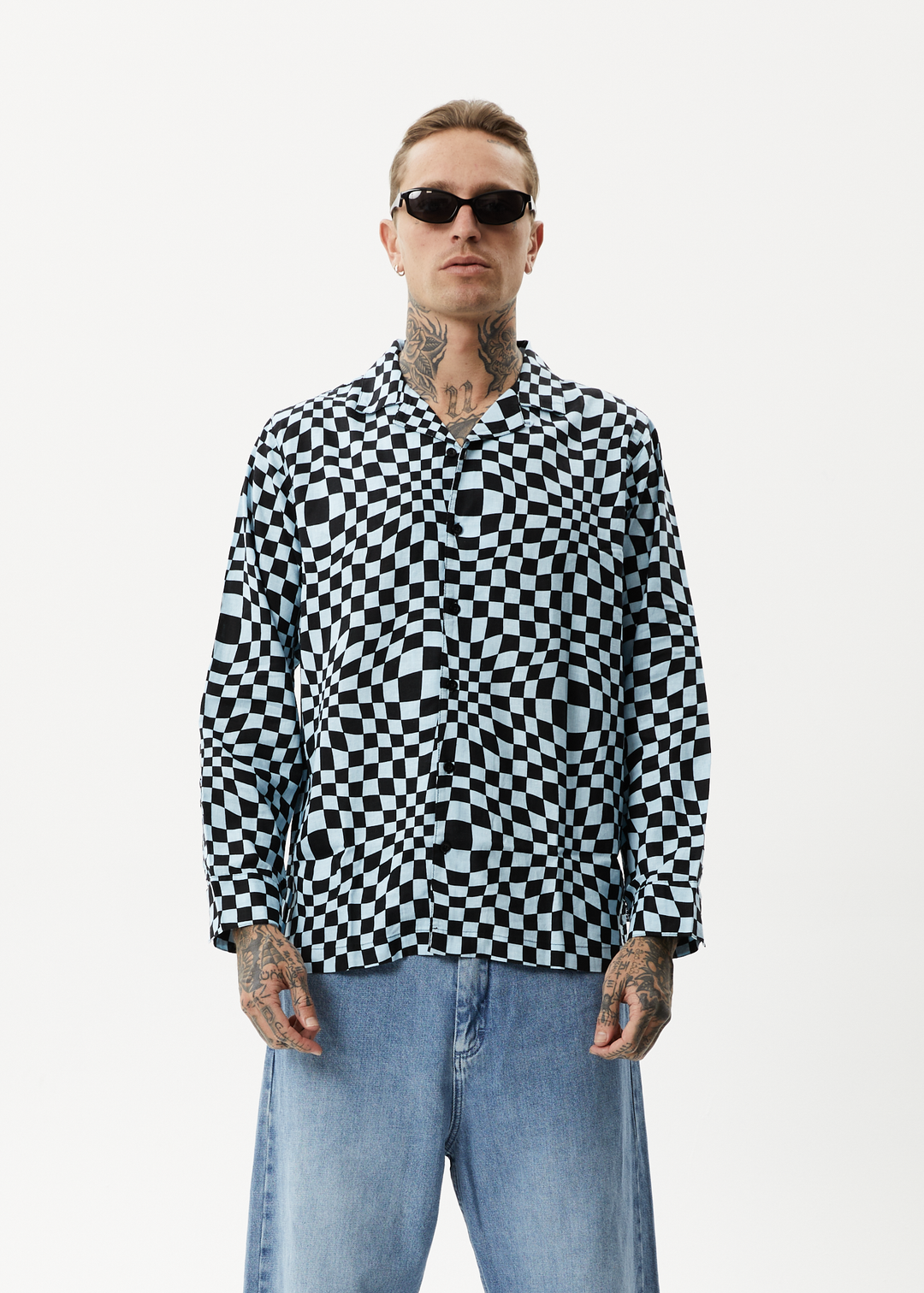 AFENDS Mens Void - Check Long Sleeve Shirt - Sky Blue 