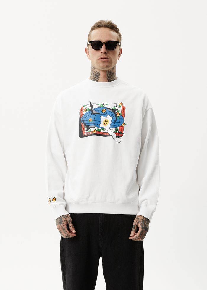 Afends Mens Globe - Recycled Crew Neck Graphic Jumper - White 