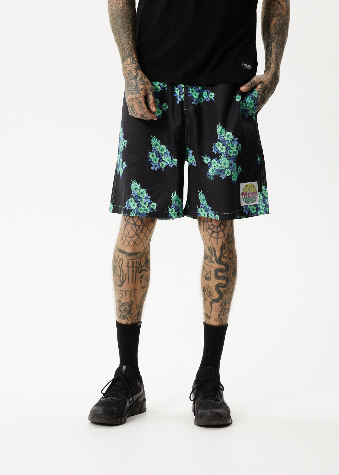 AFENDS Mens House Of Darwin - Oversized Shorts - Charcoal Floral 