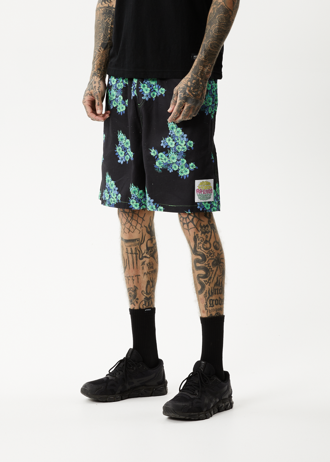 AFENDS Mens House Of Darwin - Oversized Shorts - Charcoal Floral 