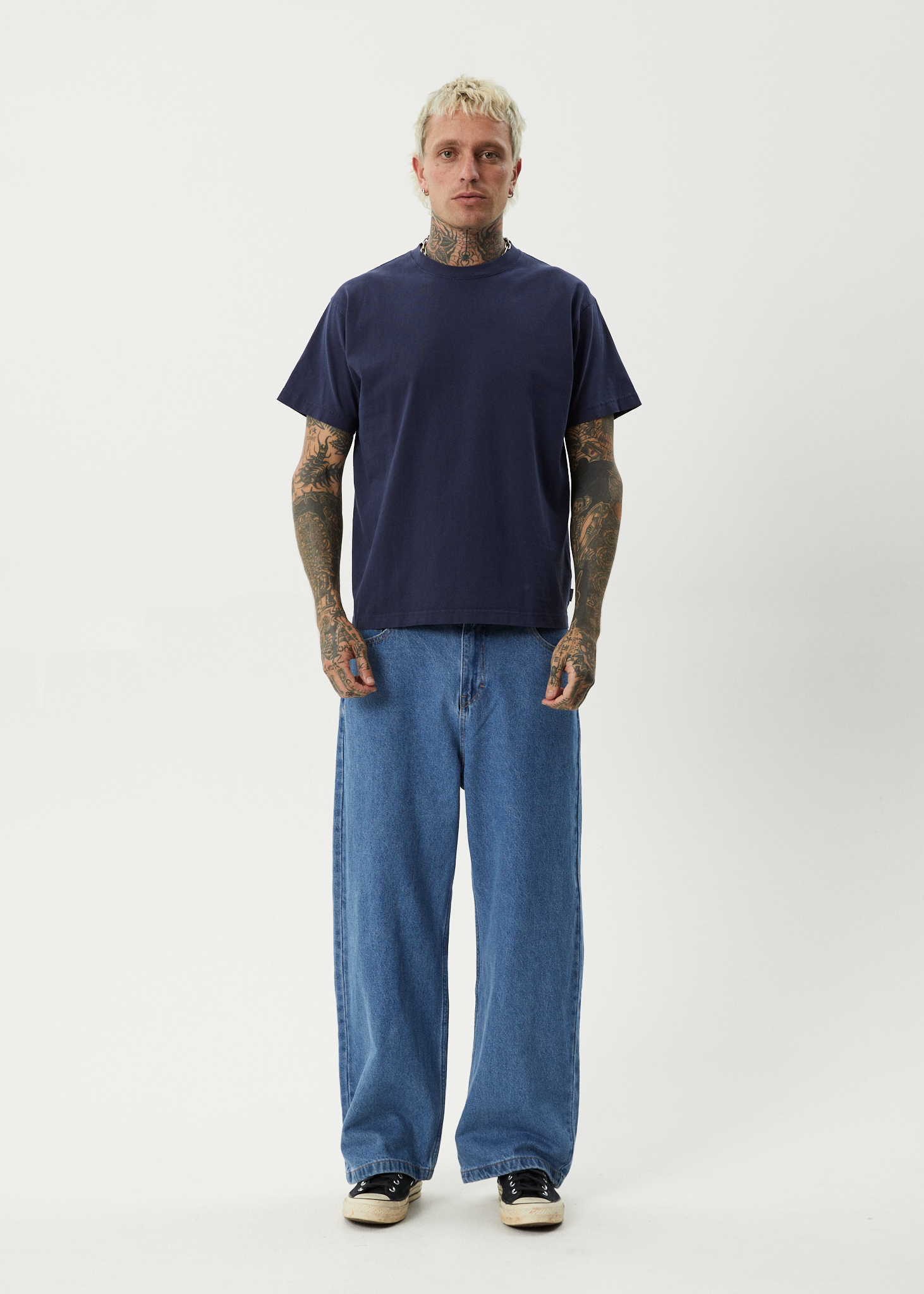 AFENDS Mens Genesis - Heavyweight Boxy Tee - Washed Deep Sea