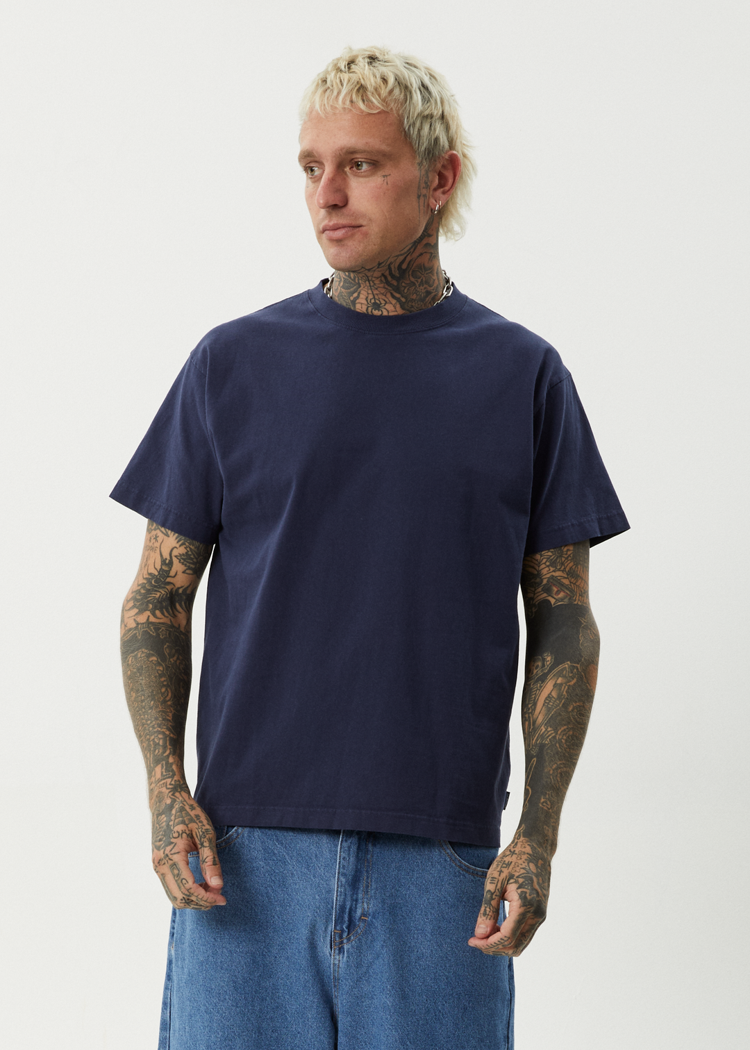 AFENDS Mens Genesis - Heavy Weight Boxy Fit Tee - Washed Deep Sea