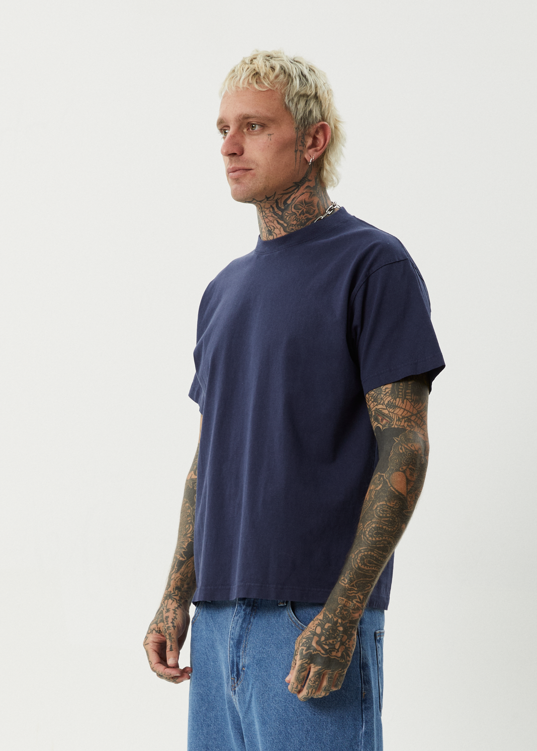 AFENDS Mens Genesis - Heavy Weight Boxy Fit Tee - Washed Deep Sea