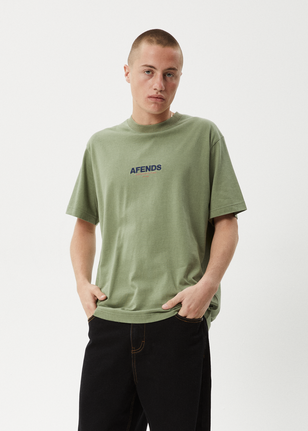 AFENDS Mens Vinyl - Retro Fit Tee - Oil Green