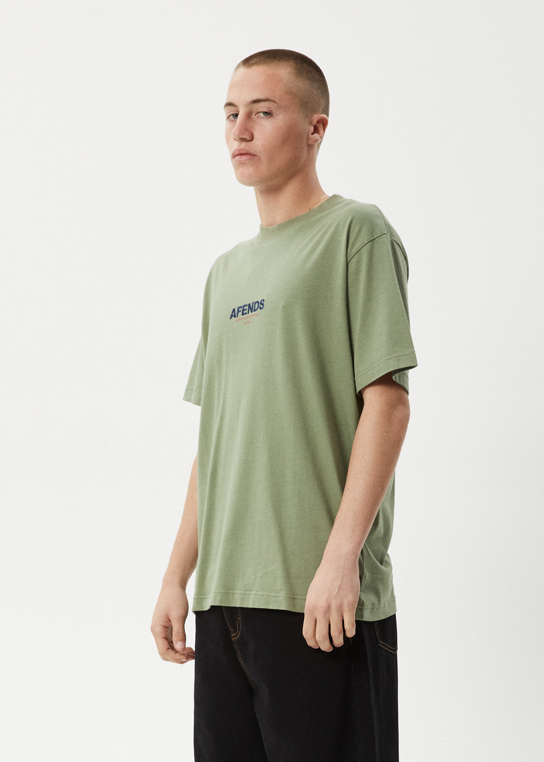 AFENDS Mens Vinyl - Retro Fit Tee - Oil Green